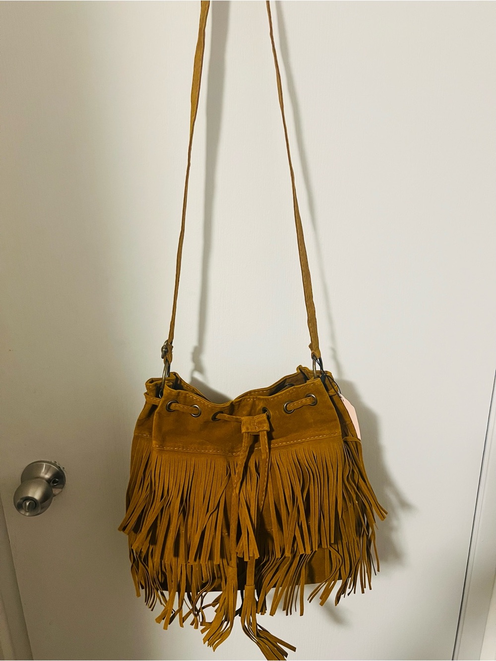 🆕 Fringe Drawstring Crossbody Bag in Mustard